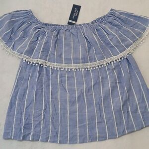 Whoa Wait Bethany & Amanda Blue & White Off Shoulder Top XL - NEW WITH TAGS!!!